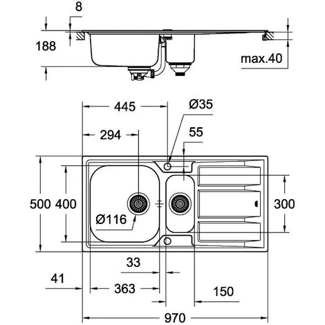 Grohe K400 Edelstahlspüle Mit Abtropffläche, 970x500mm 6 Grohe K400 Edelstahlspüle Mit Abtropffläche, 970x500mm – Bild 4